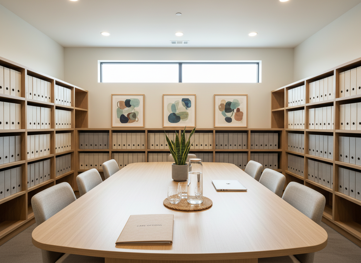 A spacious consultation room designed for end-of-life care planning, featuring a large, light-wood conference table with rounded edges and a neatly organized folder labeled “Care Options” beside a closed laptop. A glass carafe of water and two empty crystal glasses sit on a woven coaster tray, and a small potted snake plant adds greenery. Behind the table, built-in shelving holds neatly aligned binders and a few abstract art pieces in soft, neutral colors. Natural daylight streams in from a high window, supplemented by recessed ceiling lights, creating even, professional illumination with minimal shadows. Photographic realism, captured from a slightly elevated angle with sharp focus throughout. The mood is professional yet warm, conveying clarity, organization, and supportive guidance for families navigating complex end-of-life decisions, without any people present.