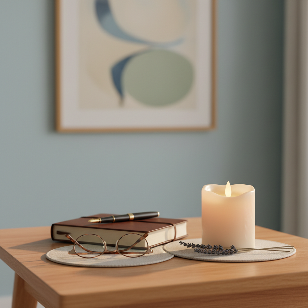 A close-up of a small arrangement of symbolic comfort items on a smooth, light oak side table: a flameless ivory candle with a realistic flickering glow, a leather-bound journal slightly open, a pair of reading glasses folded beside it, and a sprig of lavender resting on a linen coaster. In the background, out of focus, a softly lit, serene room with pale blue walls and a framed abstract painting in gentle, soothing tones. Warm, diffused lamp light creates subtle reflections on the tabletop and soft shadows, enhancing the feeling of calm and safety. Shot in photographic realism with a shallow depth of field, the mood is contemplative, respectful, and reassuring, emphasizing the details that support families during end-of-life care.