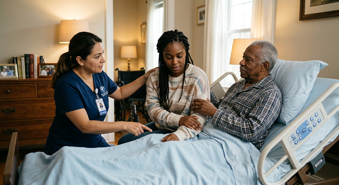 Nurse comforting young woman seated beside elderly man in hospital bed